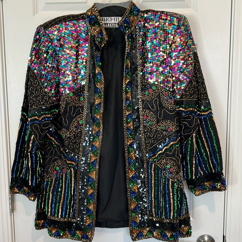 Nikhil Collection Luxury 100% Silk Sequined/Beaded Jacket - Size Large